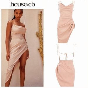 HOUSE OF CB Soluna Sand Colored, Thigh Split, Draped Maxi Dress